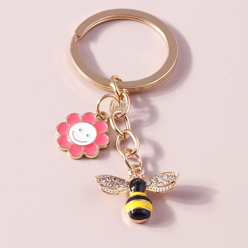 Cute Enamel Bee Keychain Unicorn Key Ring Pendants for Women Girls Handbag Decor DIY Handmade Jewelry Accessories