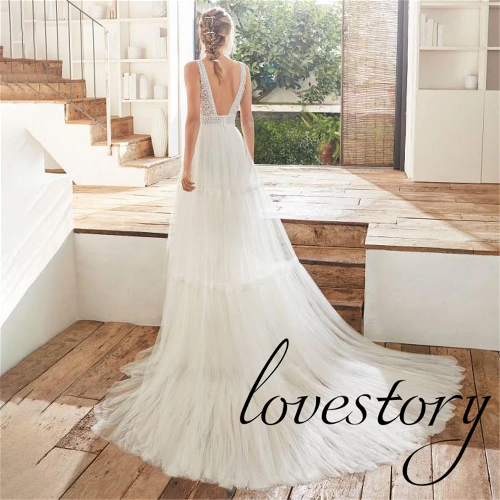 Bohemian Sexy Deep V Neck Wedding Dresses A Line Floor Length Bride Robes Sleeveless Tulle Bridal Gowns Lace 웨딩드레스