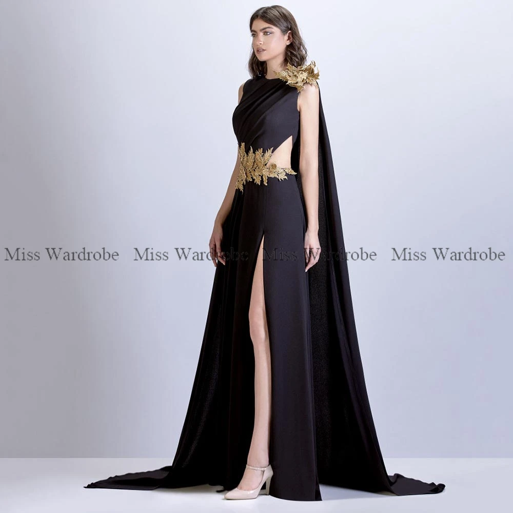 Black O Neck Jersey Evening Dress Sleeveless Gold Appliques High Slit Formal Occasions Prom Party Robe Sweep Train