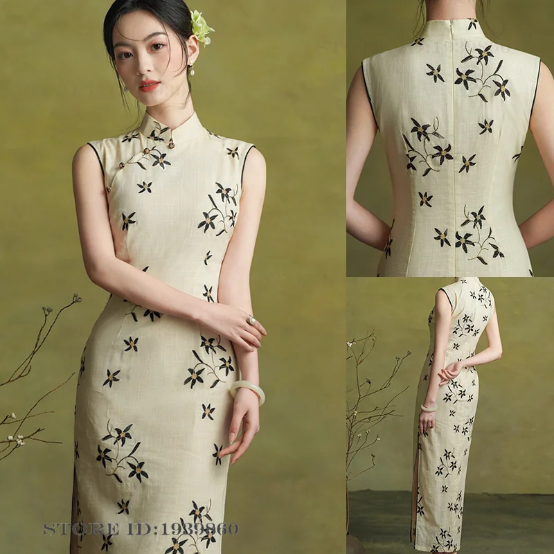 

Plus Size Cotton Linen Womens Qipao Improved Embroidery Floral Long Cheongsam Chinese Dress Eastical Clothes Sexy Slim Vestidos