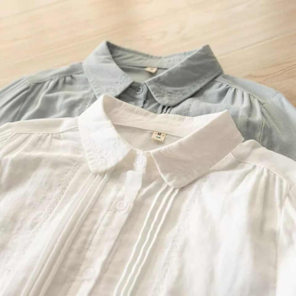 Japanese Style 100% Cotton Yarn Woman Blouses and Shirts Mori Girl Autumn Peter Pan Collar Pleated Solid Long Sleeve Tops