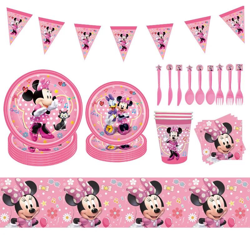 Children's Birthday Party Supplies New Minnie Mouse Theme Paper Cup Paper Plate Table Bra Flag Napkin Cutlery Party Decoration