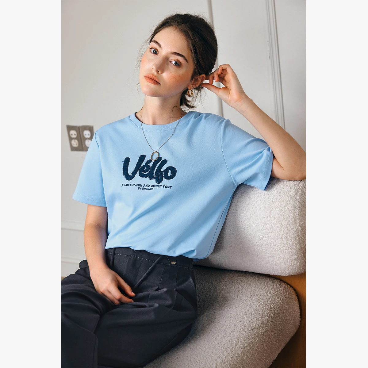 OLrain Women 2026 New Summer Blue Round Neck Short Sleeve T-shirt Letter Print Loose Basic Casual Bottoming Tops O57XT98031
