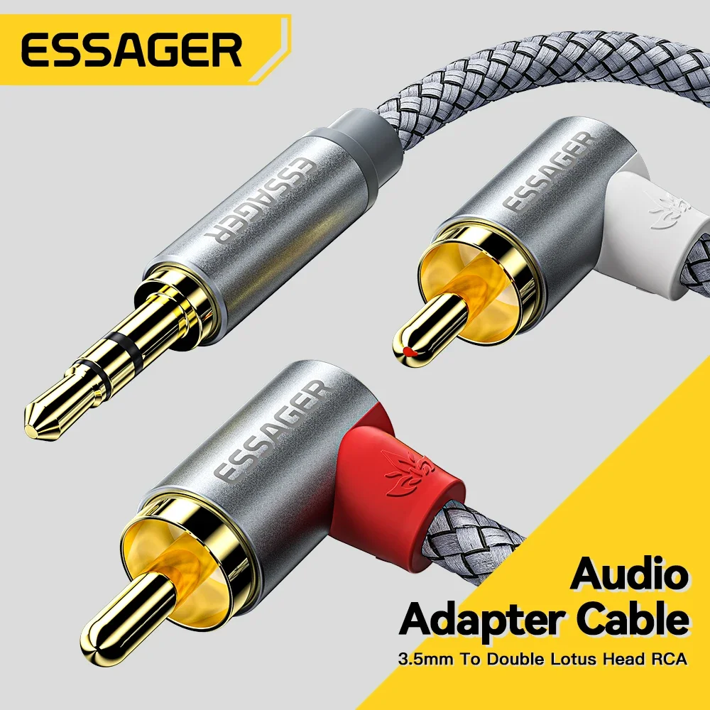 Essager 90° RCA Cable Jack 3.5 to RCA Audio Cable 3.5mm Jack to 2RCA Male Splitter Aux Cord For TV PC Amplifier DVD Speaker Wire