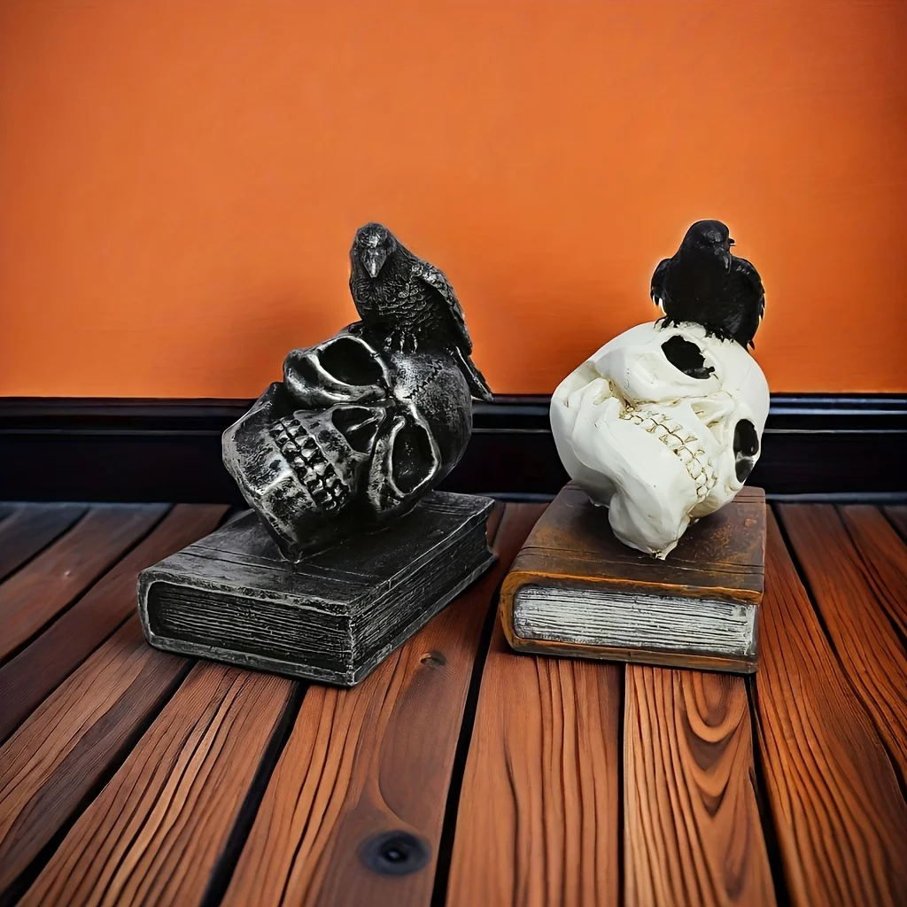 Gothic Halloween Skull Crow Decorative Figurines Raven Sit on Skull Antiquarian&Book Crafts Decor Sculpture Tabletop Ornaments