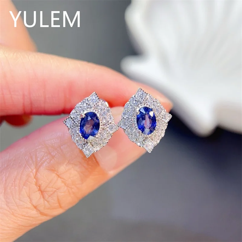 YULEM 925 Sterling Silver Natural Sri Lankan Sapphire Stud Earrings Natural Gemstone with Certificaate Genuine