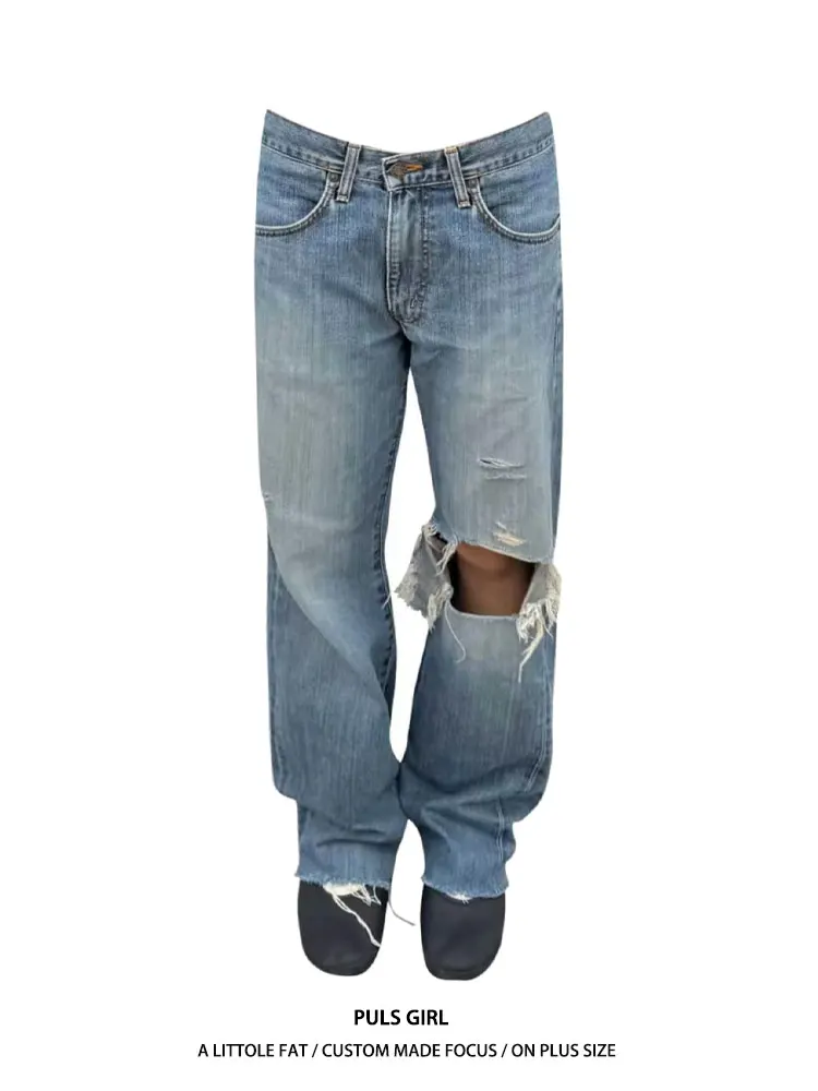 

Ретро-джинсы американского стиля больших размеров для женщин: свободные прямые брюки с высокой талией, с эффектом потертости и дырками, повседневные