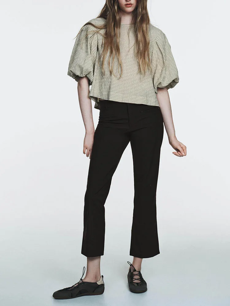 

Spring 2026 Women's Faion Plaid Balloon Sve Top Versatile New Arrival Ethnic Stage Costume T irt Ladies Premium