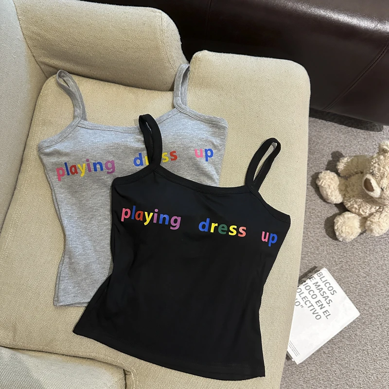 

Черный укороченный топ с буквенным принтом, женский летний облегающий топ на бретельках с вкладышами для груди, базовая майка, верхняя одежда для стильных девушек