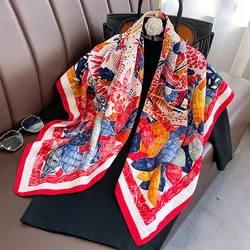 Twill Silk Scarf Women 90cm Square Hijab Shawls And Wraps Female Foulard Headkerchief Elegant Floral Summer Autumn Lady Bandana