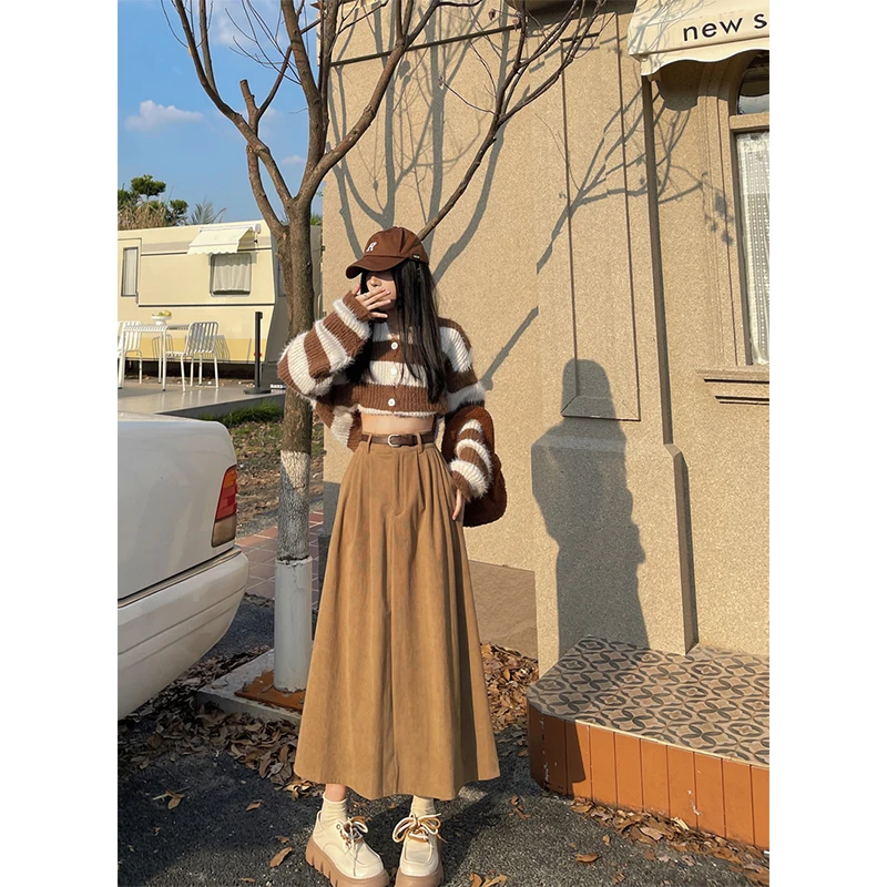 Vintage Belt Corduroy Midi Skirt Women High Waist Pleated A Line Skirts Autumn Winter Streetwear Korean Casual All Match Skirt