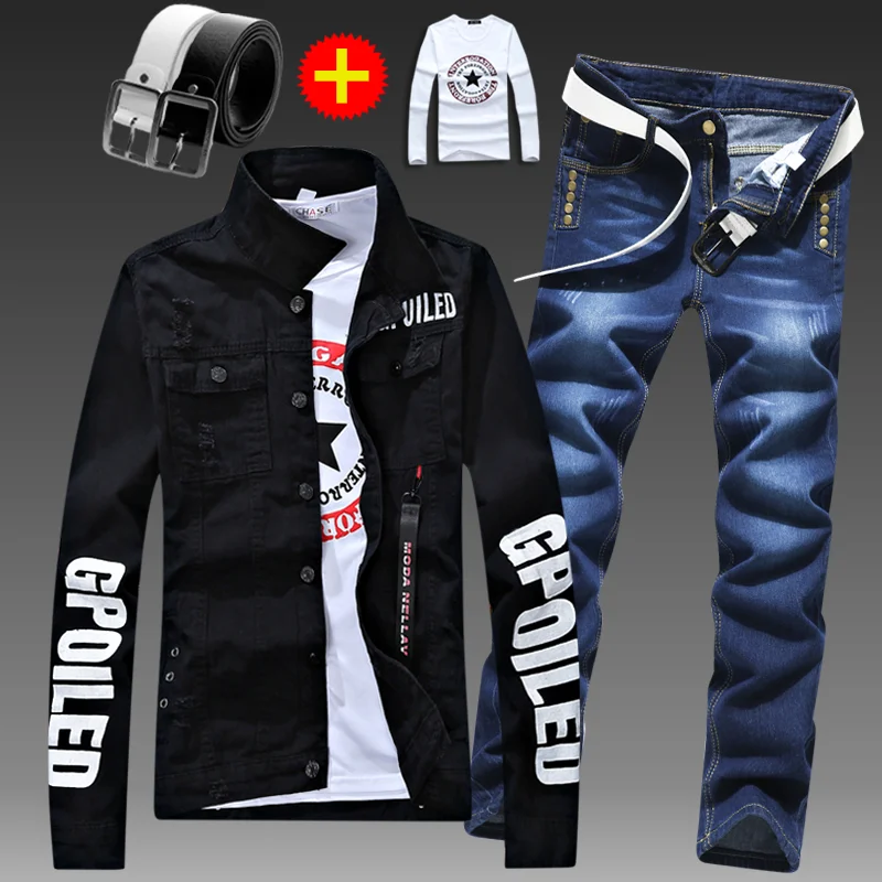 Conjunto de calças e jaqueta jeans slim fit masculina, casacos de manga comprida, letras impressas, casual, tamanho grande, preto, branco, vermelho, calças masculinas, 2 peças