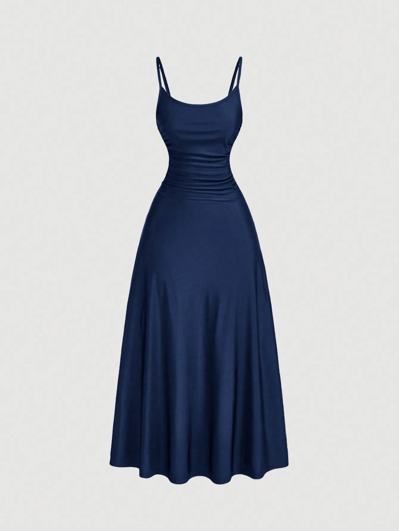 

Navy Blue Spaghetti Strap Midi Dress with Ruched Waist and Flared Hem