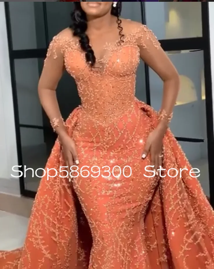 Orange Luxury Mermaid African Prom Formal Dresses with Detachable Train Long Sleeve Aso Ebi Ankara Evening Dress Customsized