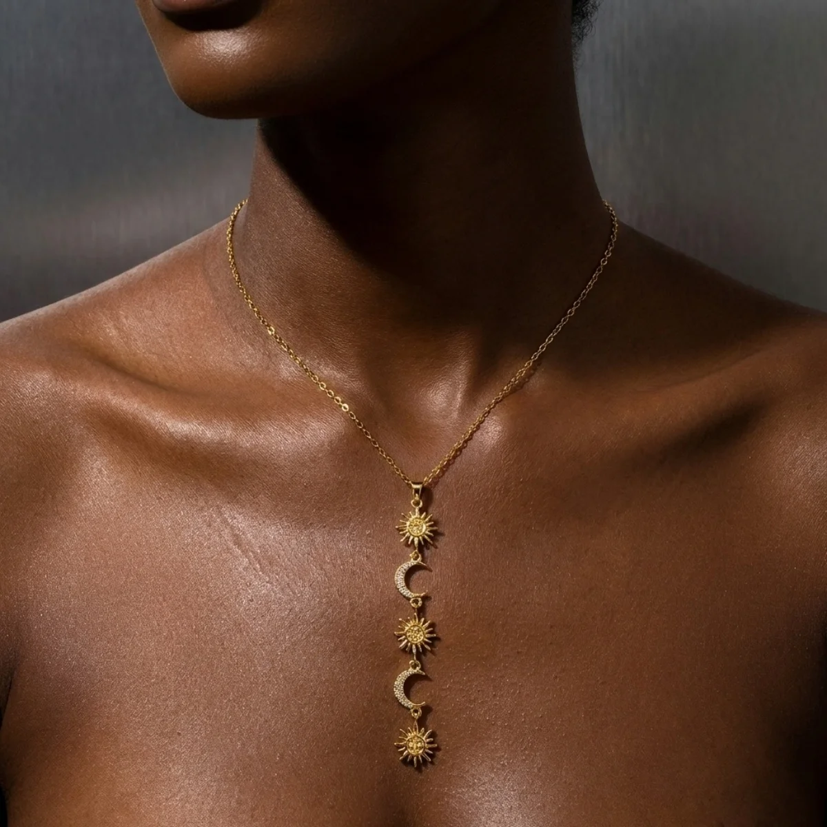 Glänzende Zirkon-Halskette mit geometrischen Verbindungsstücken und Quasten aus Edelstahl für Damen und Herren, Herz, Auge, Wassertropfen, Sonne, Mond, Stern, Choker-Schmuck – Detail 23
