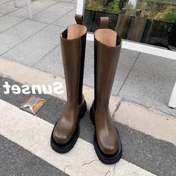 Platform Shoes Chelsea Boots Women's Rain Boot 2025 Autumn and Winter New Leather Heightened Handsome Knee High Boots Bota