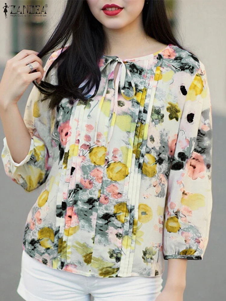 

ZANZEA Women Casual Blouse Bohemian Summer Tunic Tops 2025 Fashion Bandage Floral Print Shirts 3/4 Sleeve Pleated Vintage Blusas