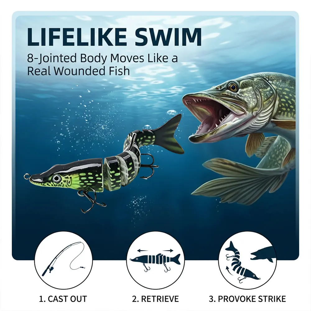 Lifelike Predator Lure 8-Segment Pike Swimbait 3/5/10 Pack Slow Sinking Wobbler Rattle 3D Eyes for Bass Walleye in Pond