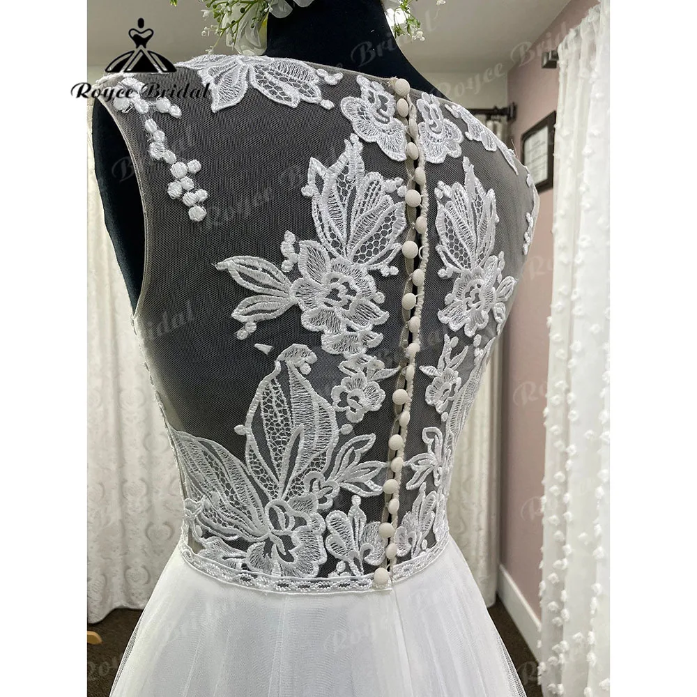 A Line Beach Lace Appliques Women Bridal V Neck Boho Wedding Gown with Cap Sleeve Illusion 2023 Wedding Dress robe mariage femme