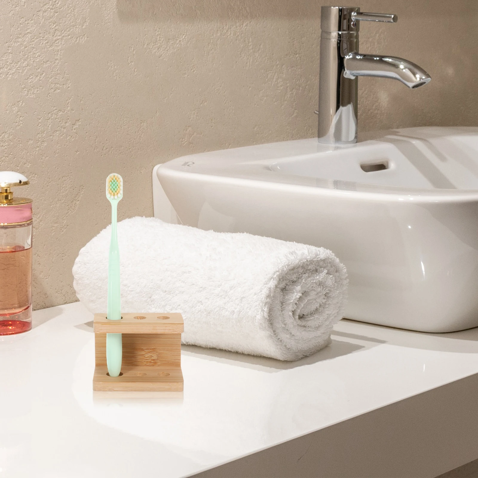 

Bamboo Electric Toothbrush Holder 3-Hole Desktop Organizer Bathroom Counter Multi-Grid Toothbrush Stand Makeup Brush Holder Pen