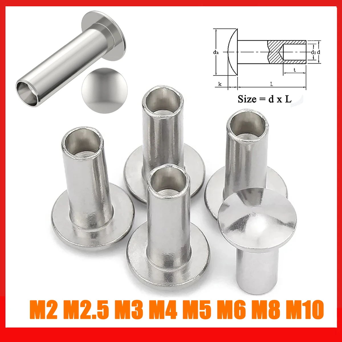M2 M2.5 M3 M4 M5 M6 M8 M10 GB873 304 Stainless Steel Oval Head Semi-Tubular Rivets Pan Head Half Hollow Shank Rivet L=3-100mm
