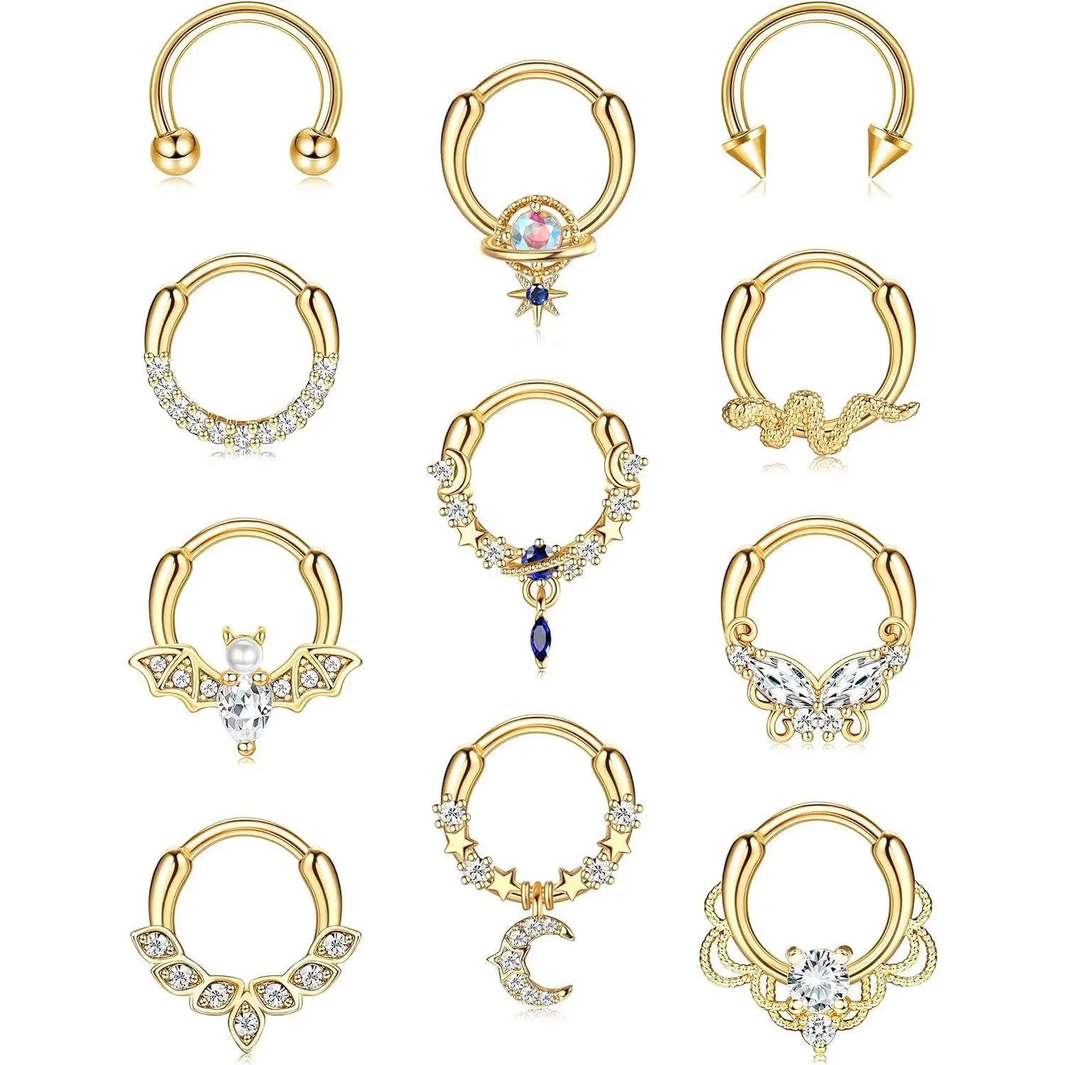 11 Uds. Anillos de tabique de acero inoxidable de 16G para mujeres y hombres, joyería para Piercing de tabique CZ, bonito anillo para tabique de mariposa y serpiente, pendientes Daith