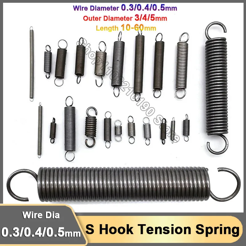 

10Pc 0.3/0.4/0.5mm Small Extension Tension Spring With S Hook Spring Steel Expansion Stretching Spring OD 3/4/5mm Length 10-60mm