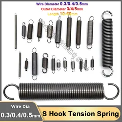 10Pc 0.3/0.4/0.5mm Small Extension Tension Spring With S Hook Spring Steel Expansion Stretching Spring OD 3/4/5mm Length 10-60mm