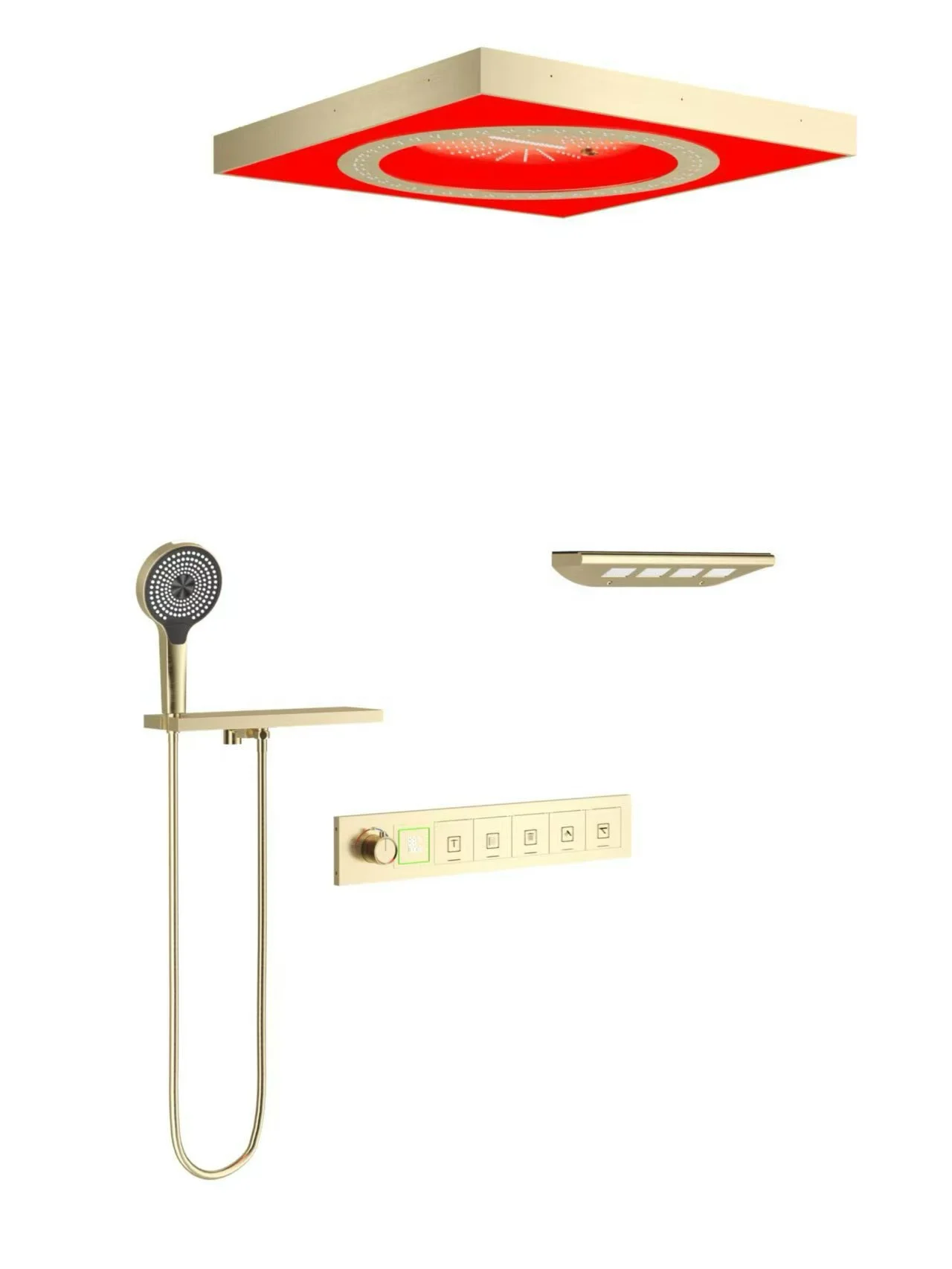 Modern Brass Thermostatic Concealed Wall-Mount Shower Set with Square Rainfall Shower Head 4-Function LED 800x450mm