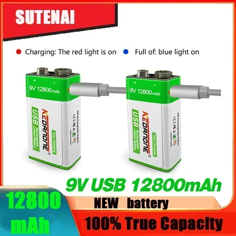 9V Rechargeable Battery 12800mAh 6F22 Micro USB 9v Li-ion Lithium Batteries for Multimeter Microphone Toy Remote Control KTV