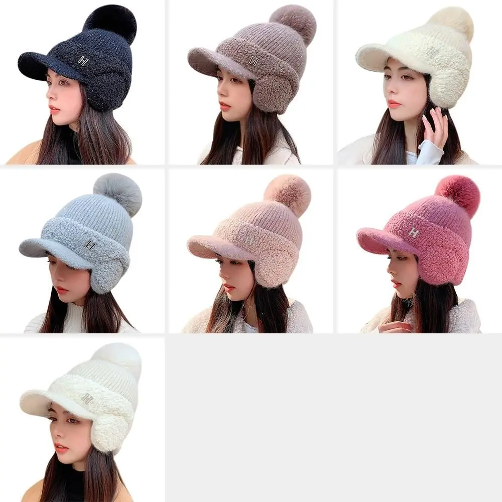 Big Pompom Wool Knitted Hat For Women Solid Color Velvet Lined Warm Earflaps Baseball Cap Ladies Outdoor Sport Cold-proof Bonnet