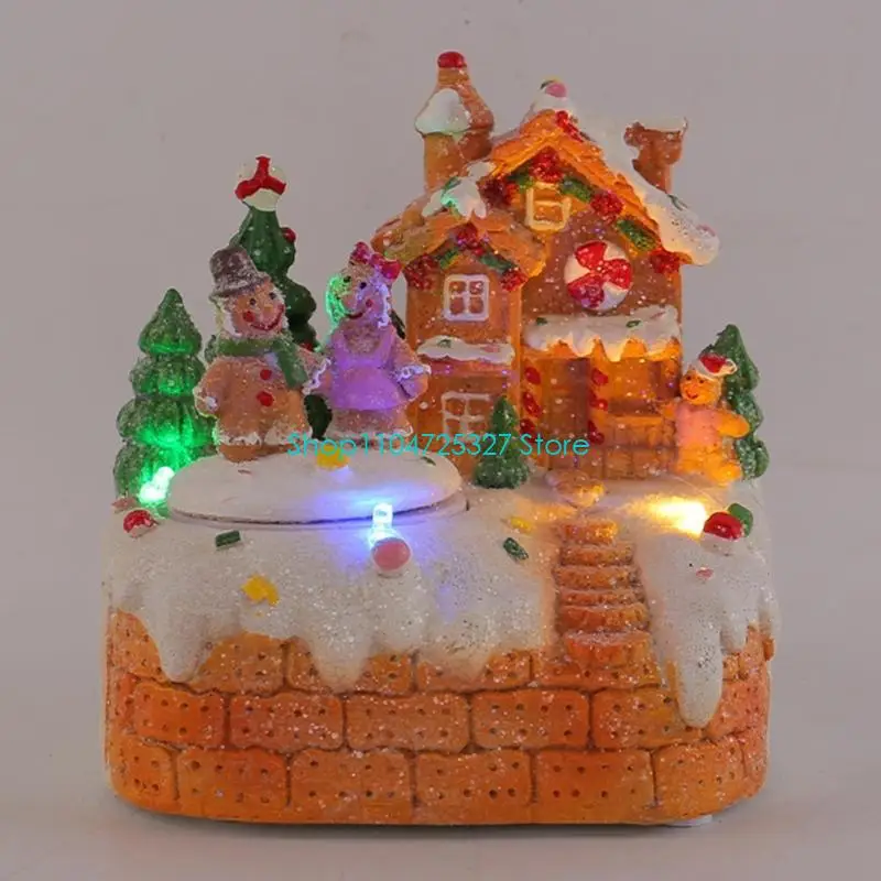 D8KF Mini Resins Rotating Gingerbreads House Christmas Music Box with Light Home Decors