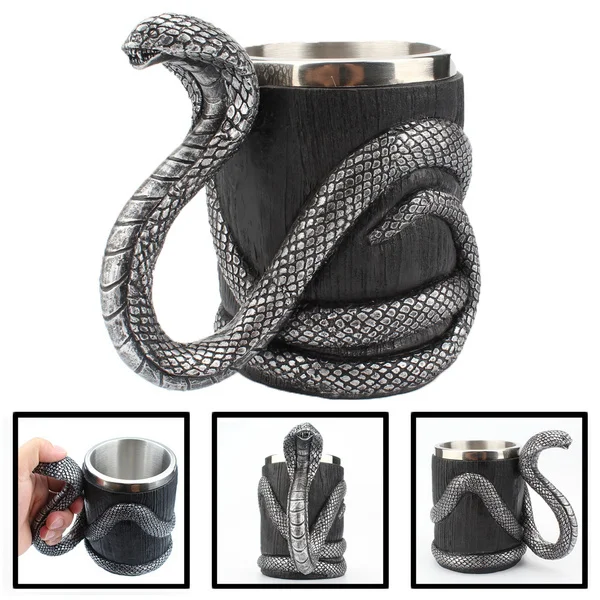 

600ml Creative Stainless Steel Beer Mug 3D Resin Cobra Snake Handle Double Layer Drinking Cup Coffee Milk Tea Drinkware