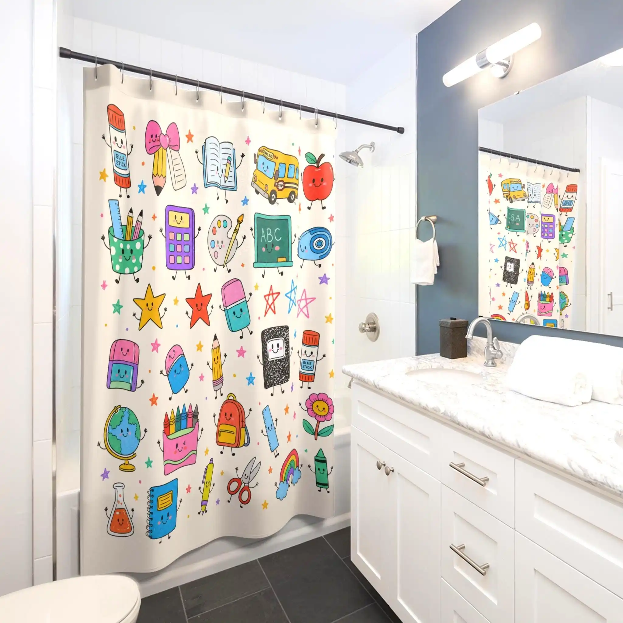 Cute Kids Cartoon Shower Curtain Rainbow ABC School Supplies Fun Nursery Bathroom Decor for Toddlers