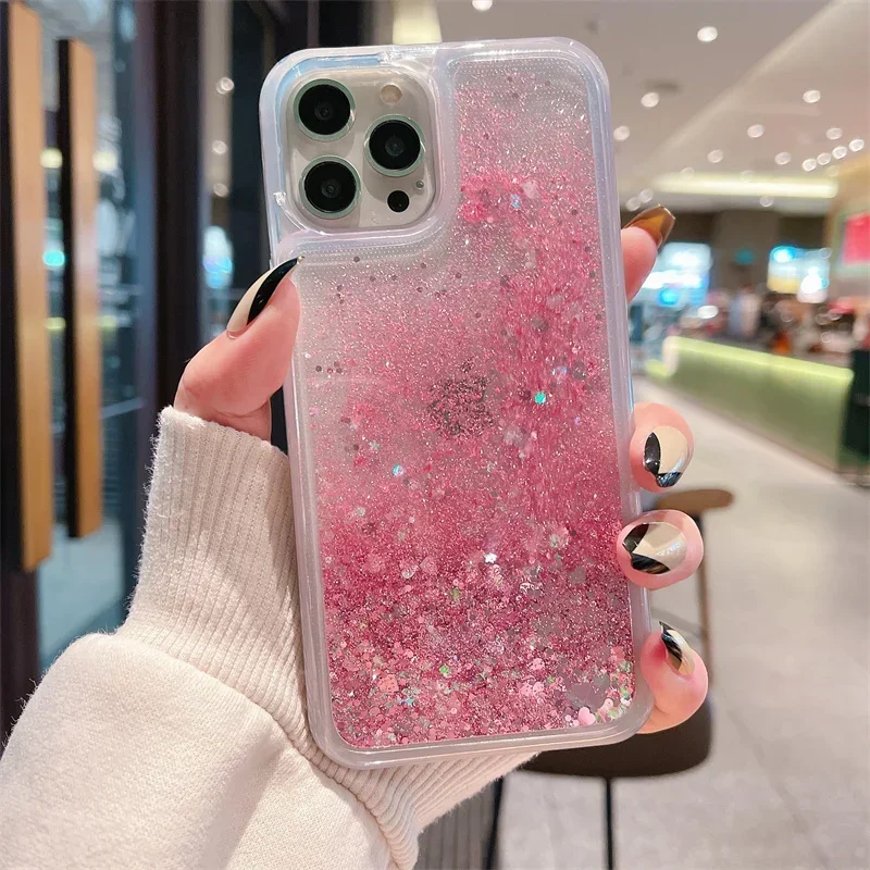 Shiny Sparkles Quicksand Soft Case for iPhone 14 16 15 Pro Max Plus Fashion Heart Sequins Phone Cover Shell Women Fundas Housing