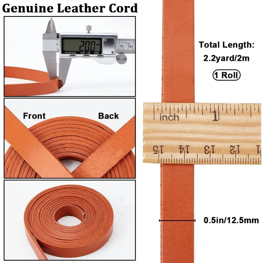 2M Flat Leather Cord for Jewelry Making Saddle Brown 12.5x2mm 2.19 Yards(2m)/pc