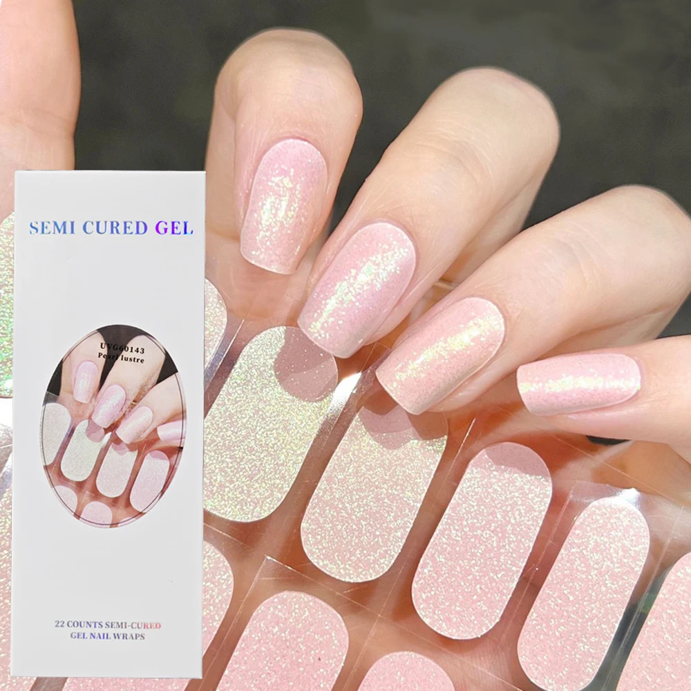 Pearl Lustre Rosa Glitter Semi Cured Gel Nail Strip Sticker UVLED Lâmpada Cured Aurora Nail Gel Polish Wraps Full Cover Nail Decals