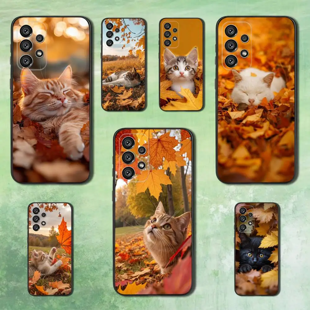 Gato perezoso en hojas de otoño para Samsung Galaxy A53,31,52,72,41,22,73,32,71,Note,J7,8,9,5G funda de teléfono de silicona negra suave