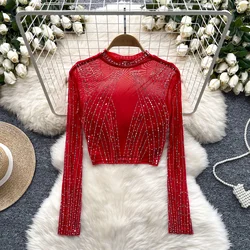 2025 Fashion Hotsweet Summer Mesh T-Shirt Women Half-Open Collar Diamonds Sheer Slim Sexy Streetwear Thin Crop Tops