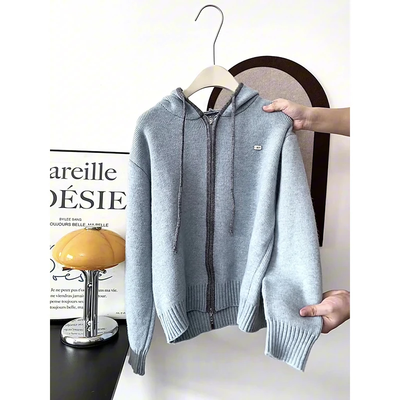 ay الأزرق مقنعين سترة مفتوحة سترة كبيرة الحجم المرأة Dstring محبوك كسول الراقية Sle الخريف الشتاء تخفيف Faion