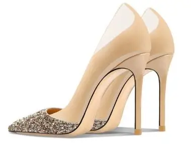 حار المرأة عارية براءات الاختراع والجلود بريق المرقعة الضحلة الانزلاق على مضخات سيدة 12 سنتيمتر الكعوب رقيقة فستان الحفلات أحذية حجم 46 #4