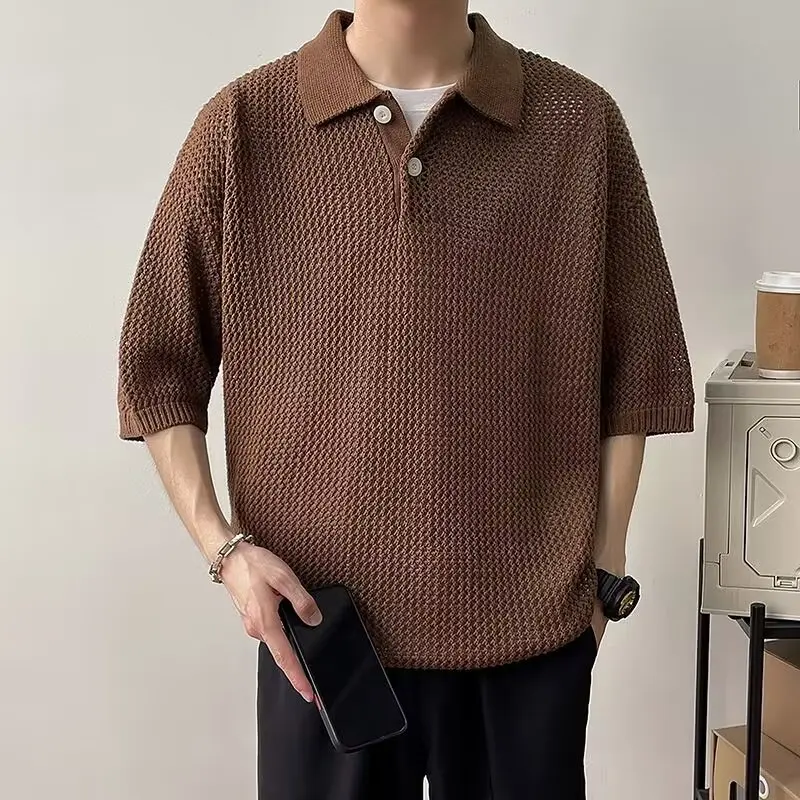 Hollow-out Solid Color Men's Polo Shirt, Daily Leisure Loose Knitted Top.Breathable, Durable T-shirtYY182