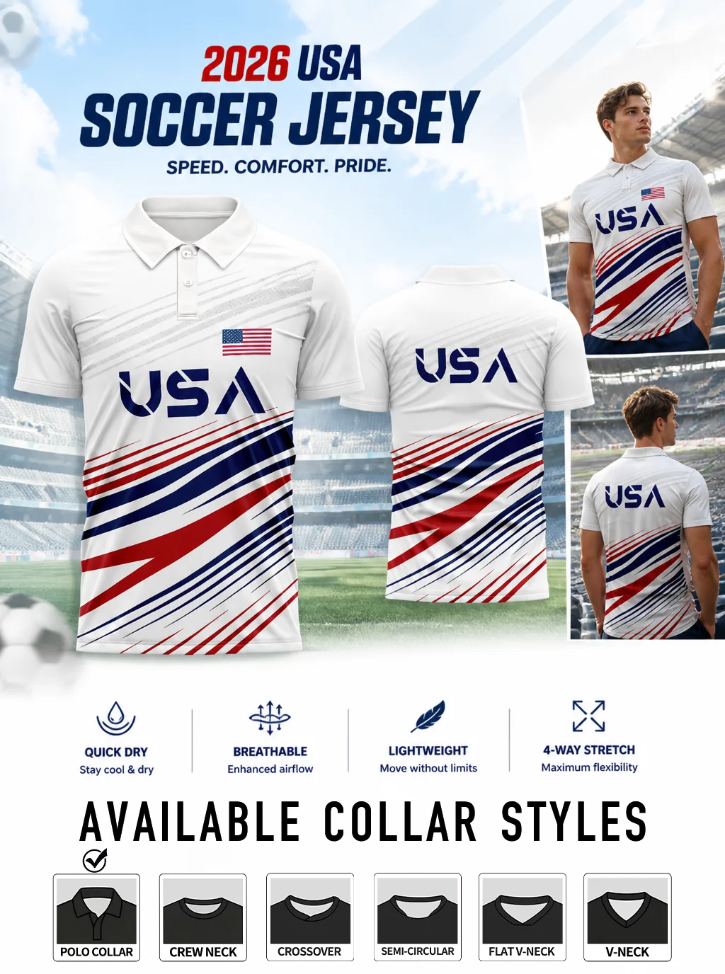 Feather‑light sports polo top, six alternative collar choices and unrestricted flexible tailoring