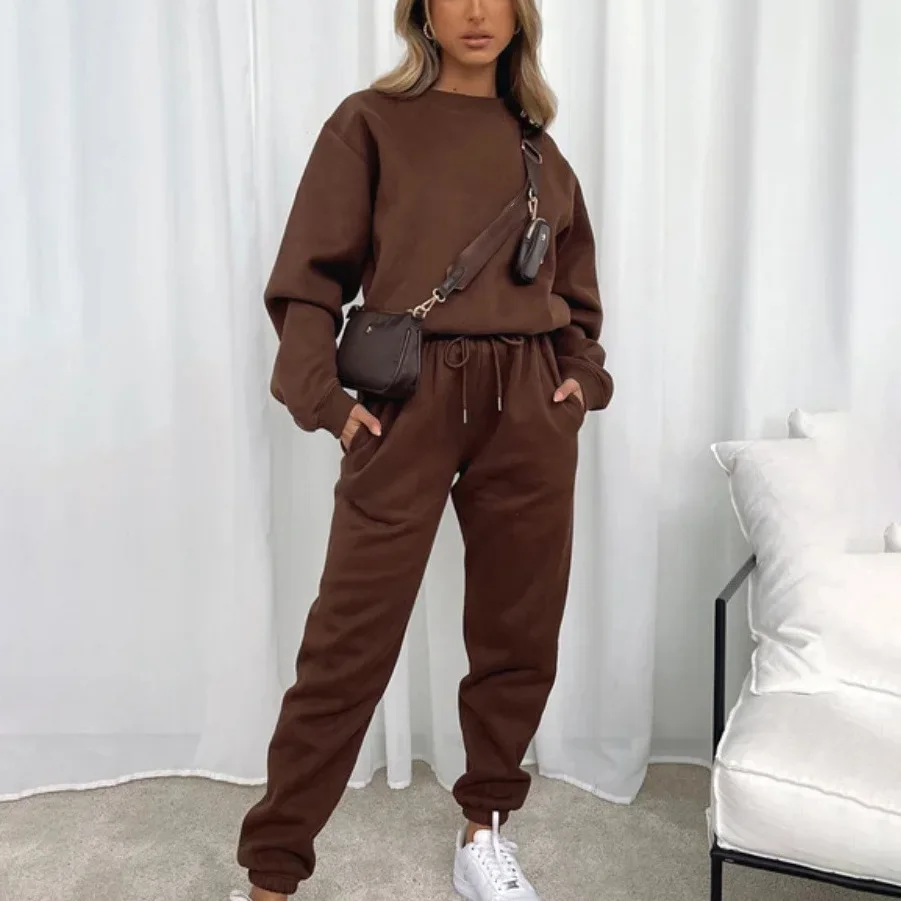 Women's Two-piece Solid Color Round Neck Long Sleeved Pullover Sweatshirt Casual Drawstring Pants Set 2024