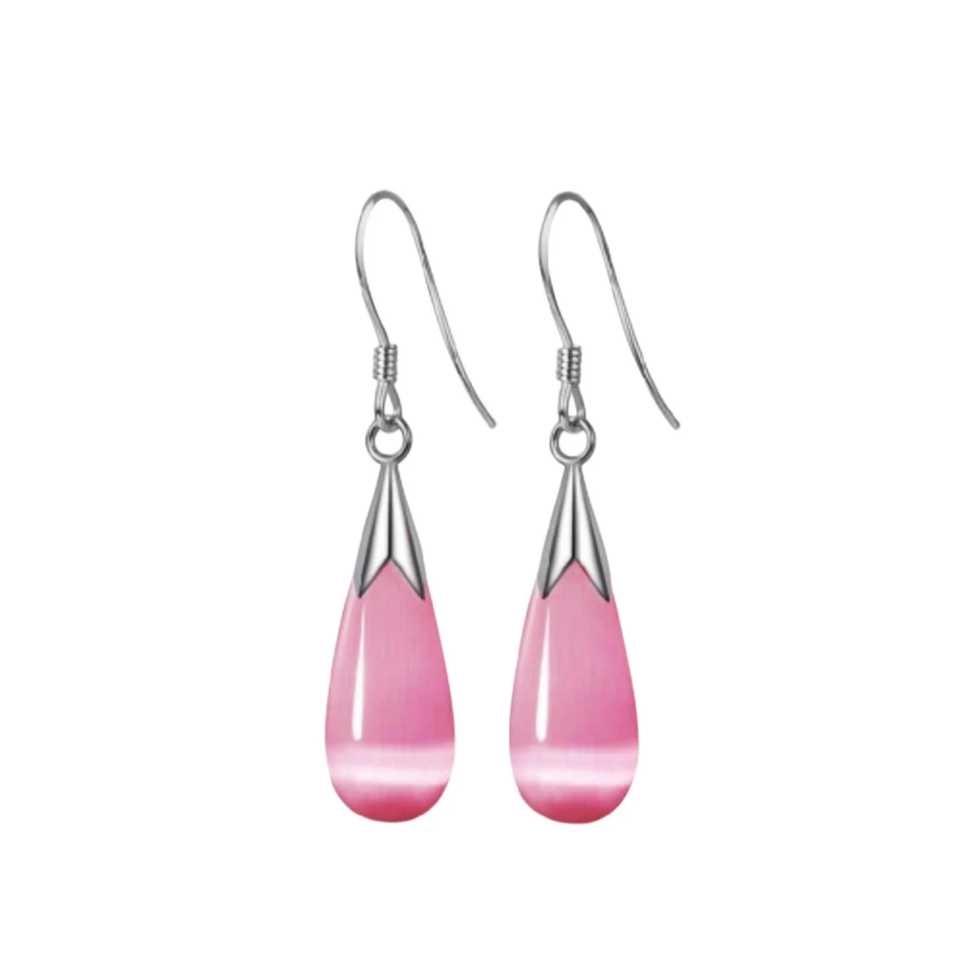 Pure Jewelry Simple 925 Sterling Silver Color White Pink Water Drop Opal Cat Eye Stone Hook Earrings