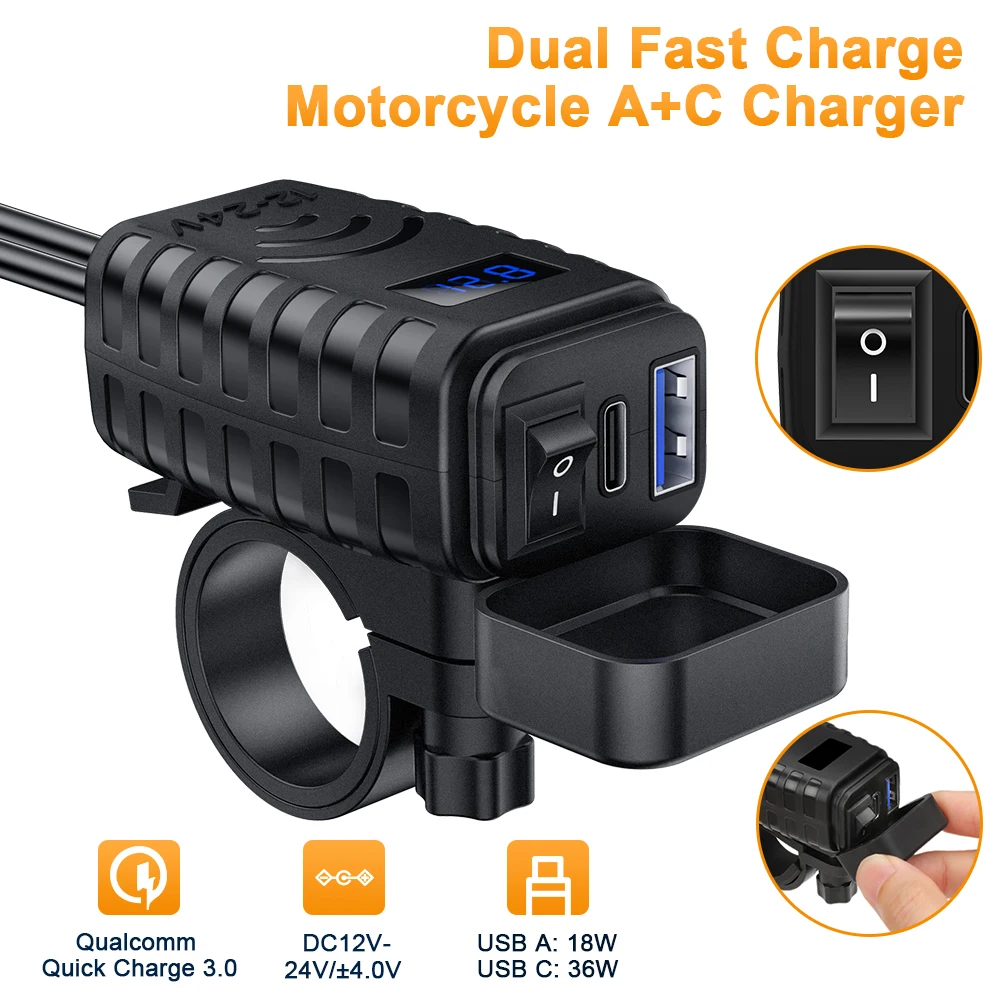 

Anchtek 48W Motorcycle USB Charger QC3.0 &PD Quick Charge 3.0 Motorcycle USB Type C Phone Charger with Voltmeter & ON/Off Switch