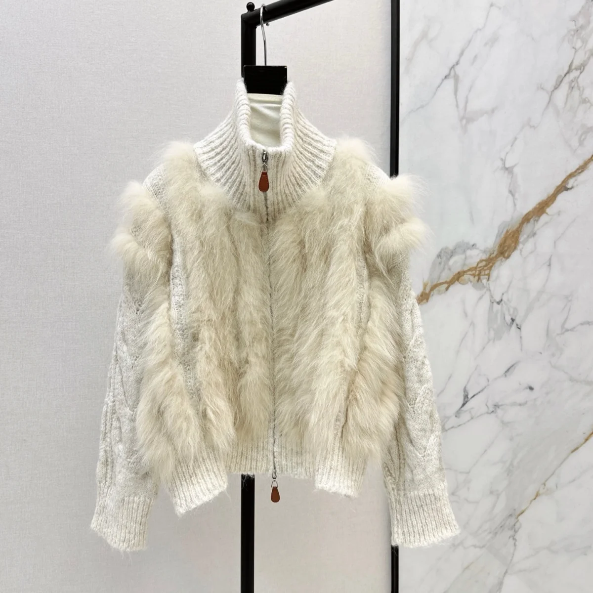 2026 High Quality Women's Half High Collar Double Zipper Imitation Wool Splicing Knitted Jacket--hb813