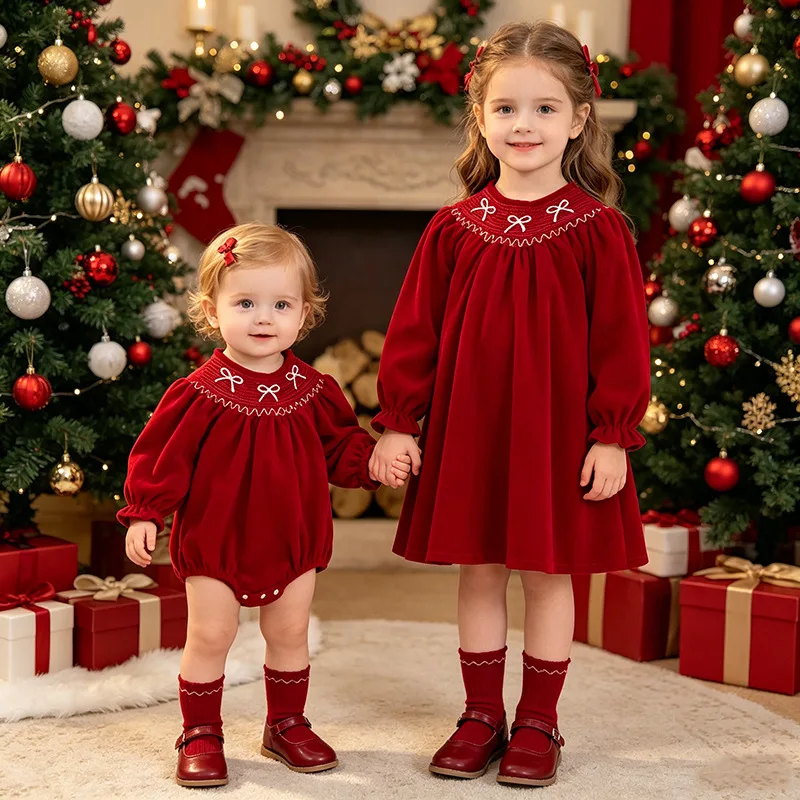 Weihnachts-Mädchenkleidung Schwester-Outfit Rotes Langarm A-Linien-Kleid & Baby-Strampler für Mädchen Herbst für Kleinkinder & Kinder – Detail 3