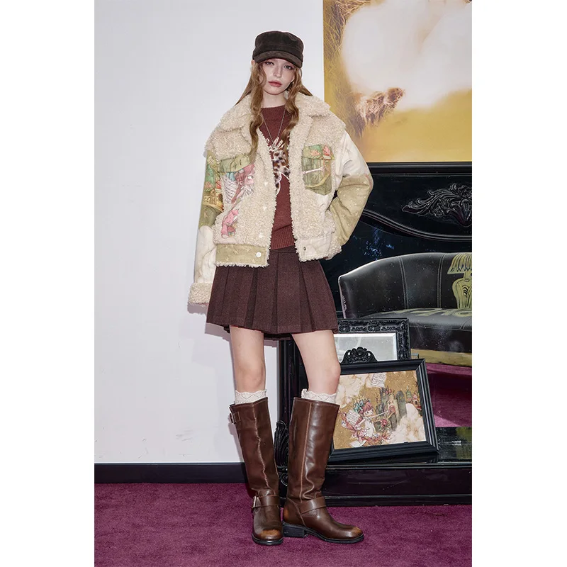 ELFSACK 2025 Winter New Arrivals Cool Shearling-paneled Original Printed Patchwork Coat For Woman