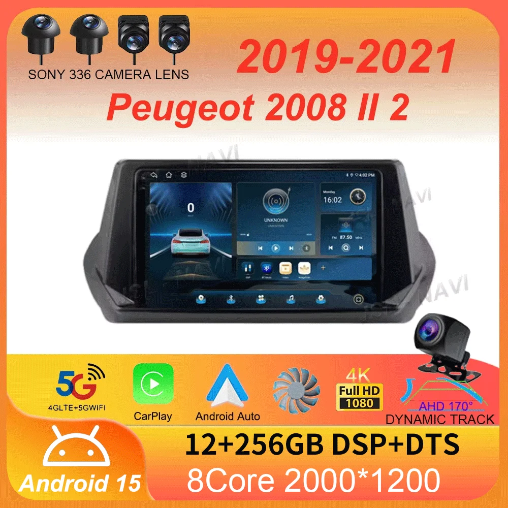 Car Radio Android 15 Carplay Auto For Peugeot 2008 II 2 2019 2020 2021 GPS Multimedia Player Stereo 360 Camera video 4G+WiFi DSP